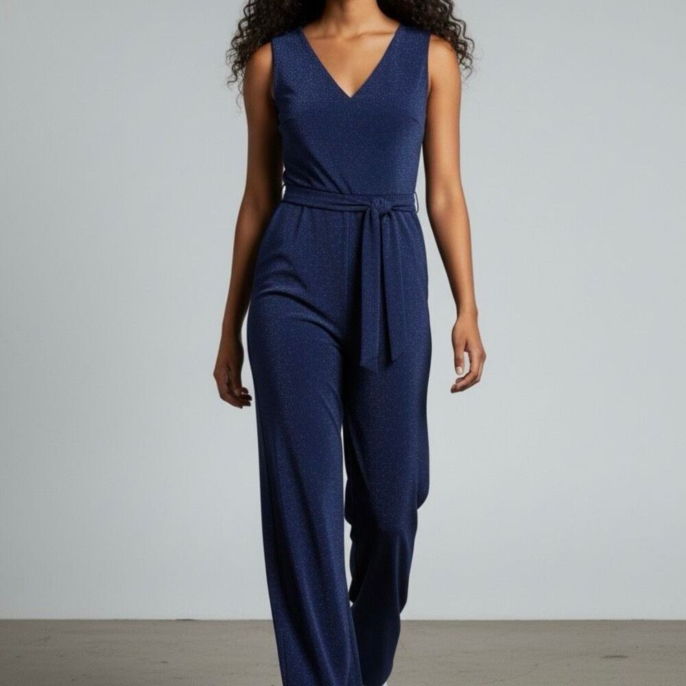 London Times 2 Shimmery Navy Blue Jumpsuit Glam Cocktail Professional Preppy